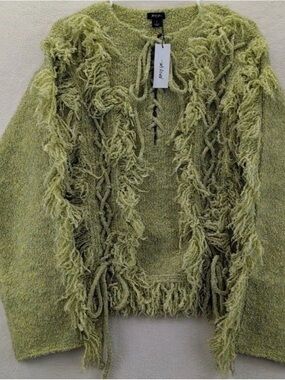 Nasty Gal Olive Green Fringe Knit Sweater